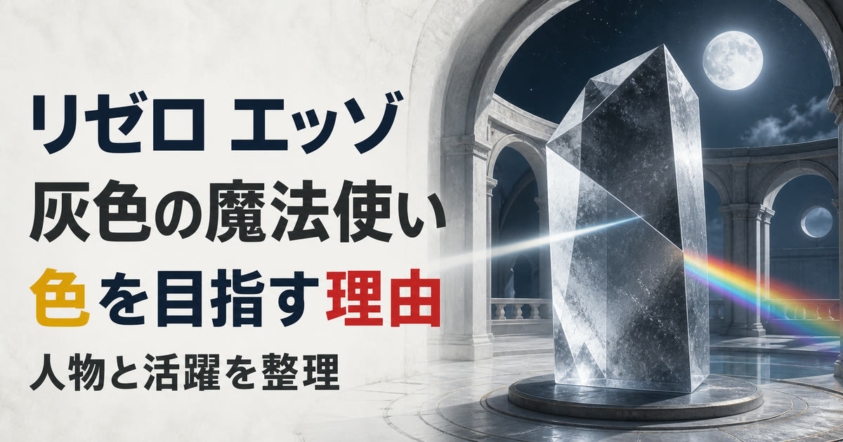 灰色の結晶が色の光へ変わる情景でエッゾの人物像を表したアイキャッチ