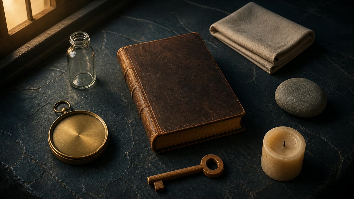 無地の古書と六つの道具で人物プロフィールの全体像を表した情景