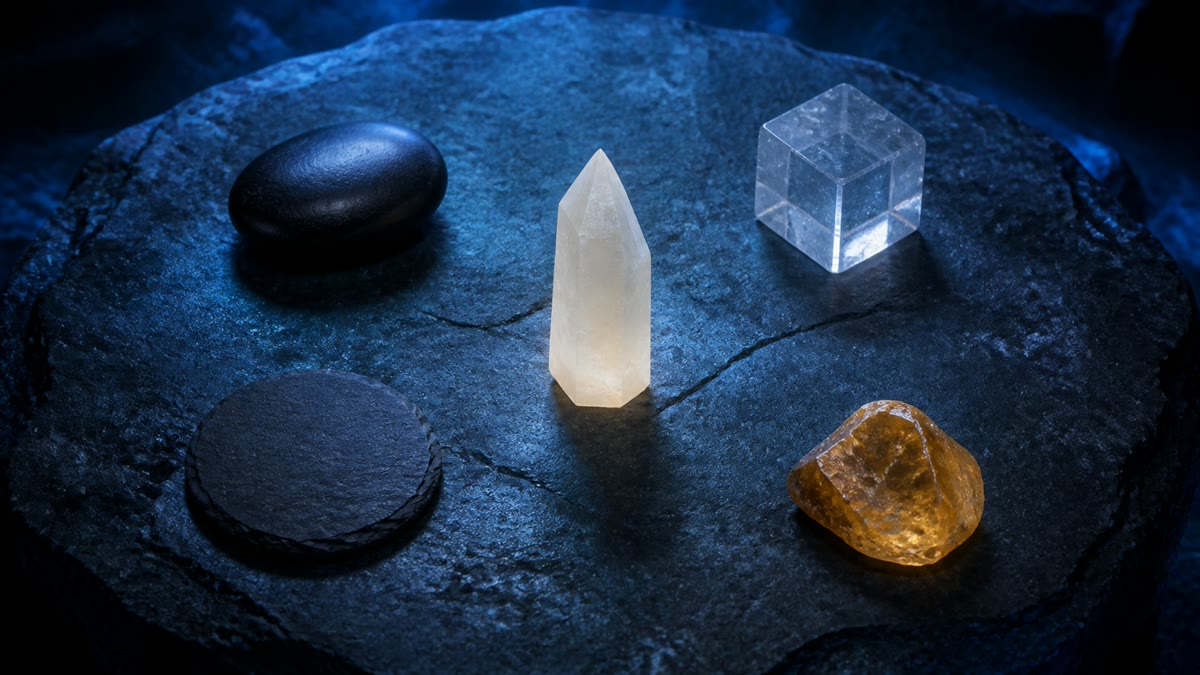 白い結晶と四つの石片で人物プロフィールの全体像を表した情景