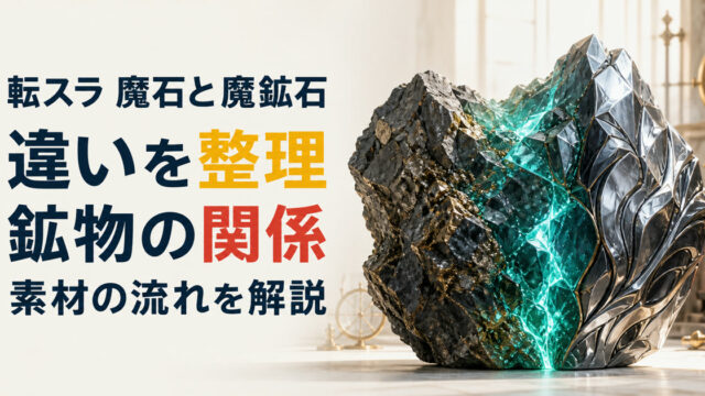 原石と結晶と精錬金属の連続した標本で魔石と魔鉱石の違いを表したアイキャッチ
