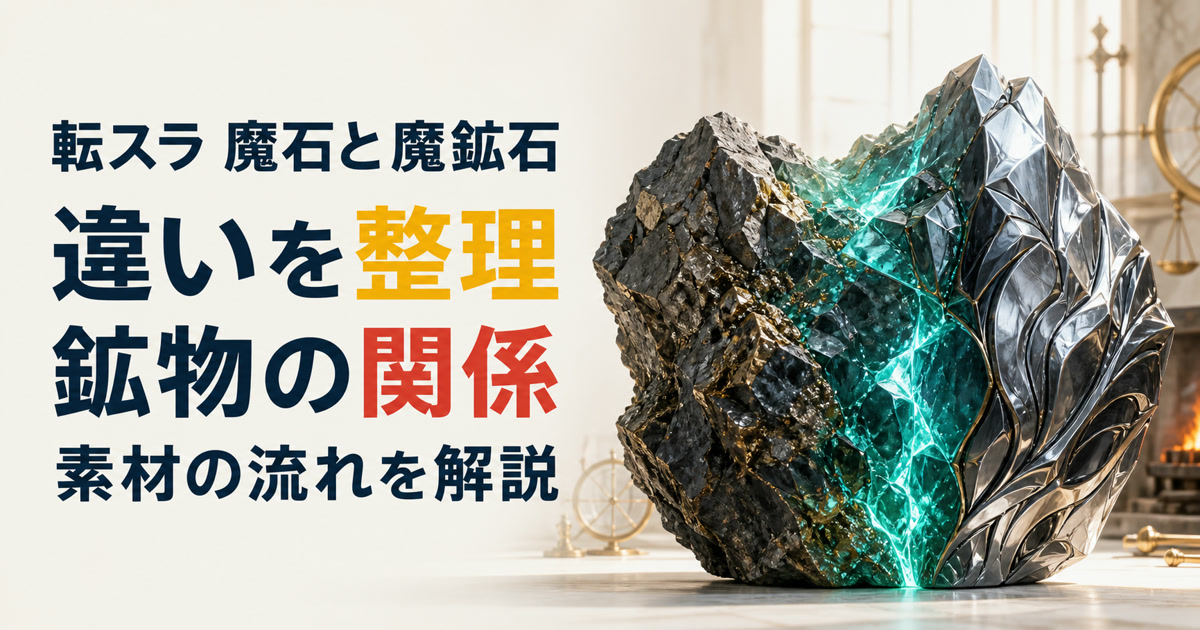原石と結晶と精錬金属の連続した標本で魔石と魔鉱石の違いを表したアイキャッチ