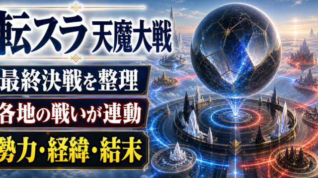 雲海上の天体戦況観測所と連動する複数の戦場で転スラ天魔大戦の全体像を表すアイキャッチ