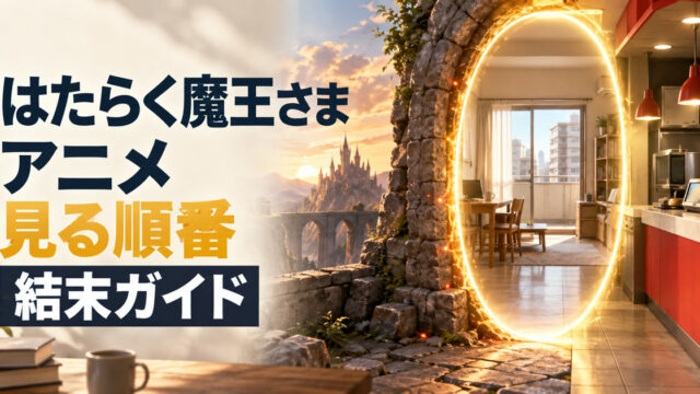 はたらく魔王さまのアニメ視聴順を異世界と現代の門で表したアイキャッチ