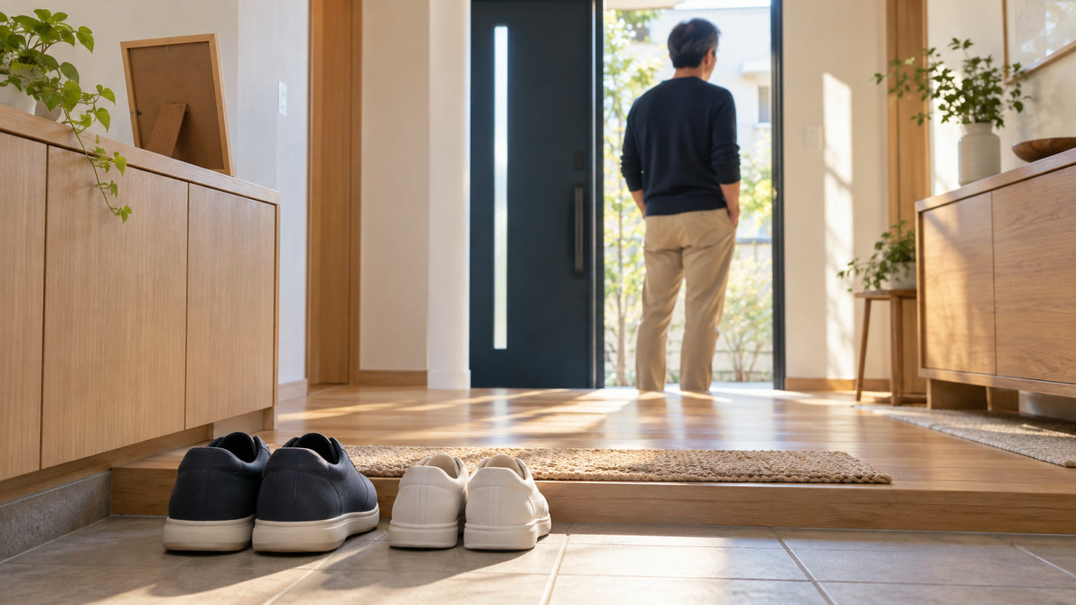 明るい父親の人柄を家族の玄関と二足の靴で表したイメージ