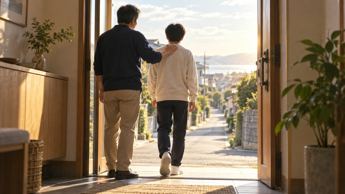 父が息子の肩に手を置き明るい道へ送り出す親子のイメージ