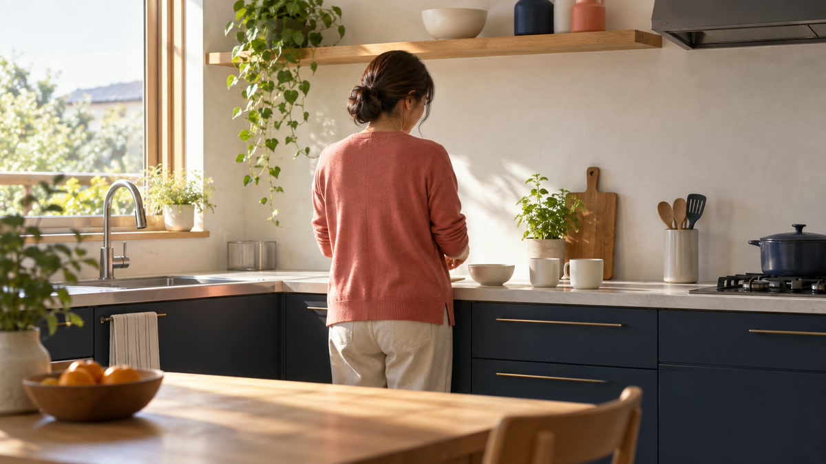 明るい家庭の台所で母親の温かい人柄を表したイメージ