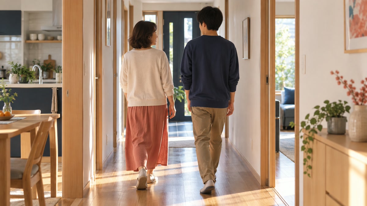 母と息子が日常の家の中を並んで歩くイメージ