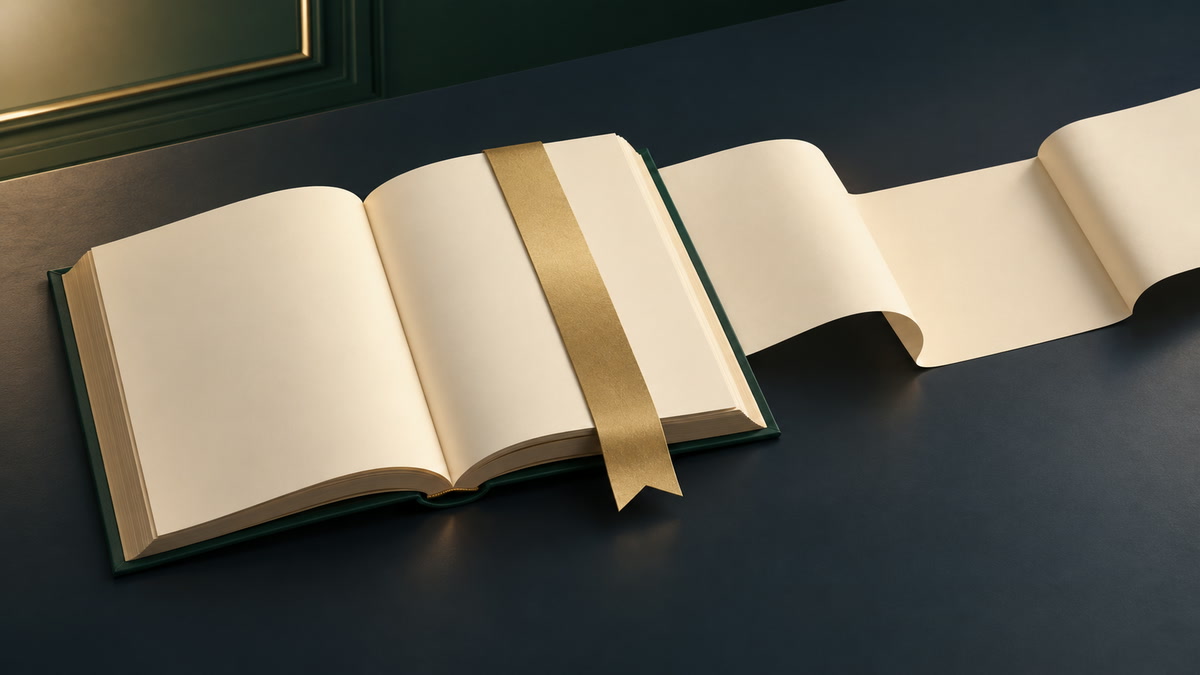 本の区切りと続く紙で視聴後の読書入口を表す構図