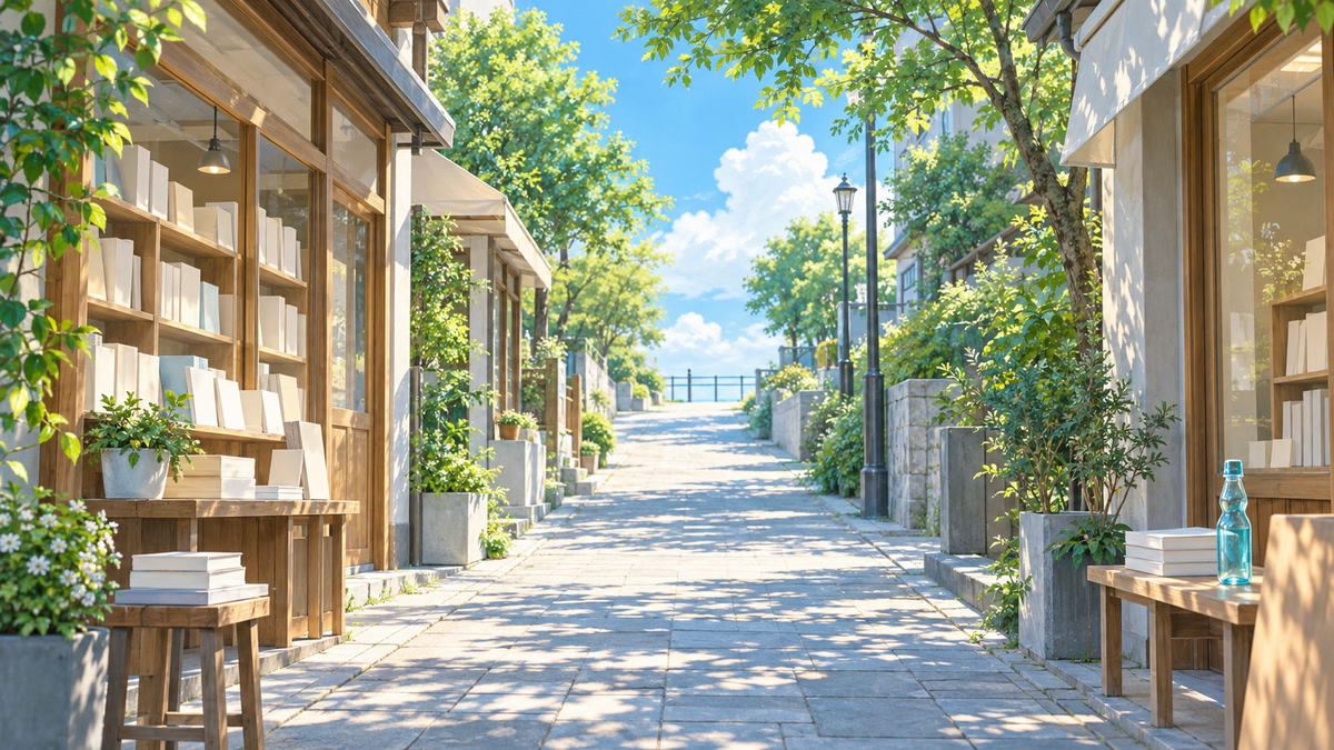 木漏れ日の通りで物語の続きを歩くイメージ