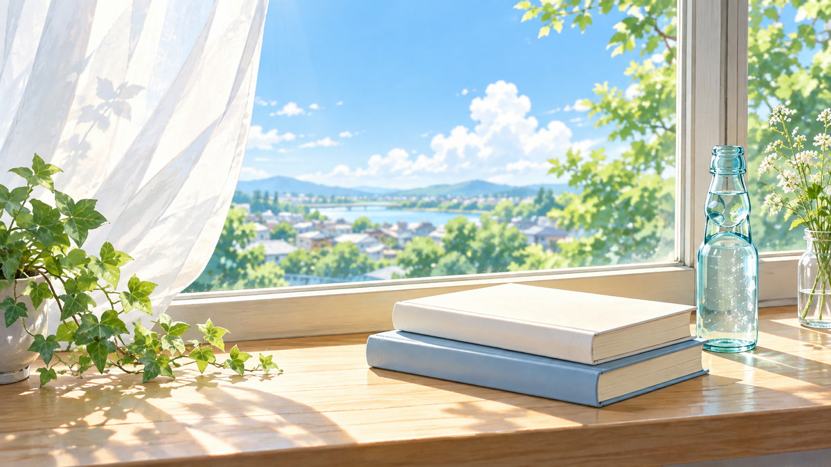 朝の窓辺に置いた本でこれからの読書を表す