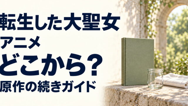 転生した大聖女のアニメと原作の入口を案内する無地の本、透明な容器、白い布のイメージ
