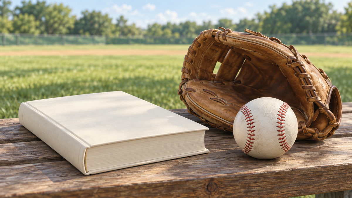 無地の本とグローブ、野球ボールを並べた木製ベンチ