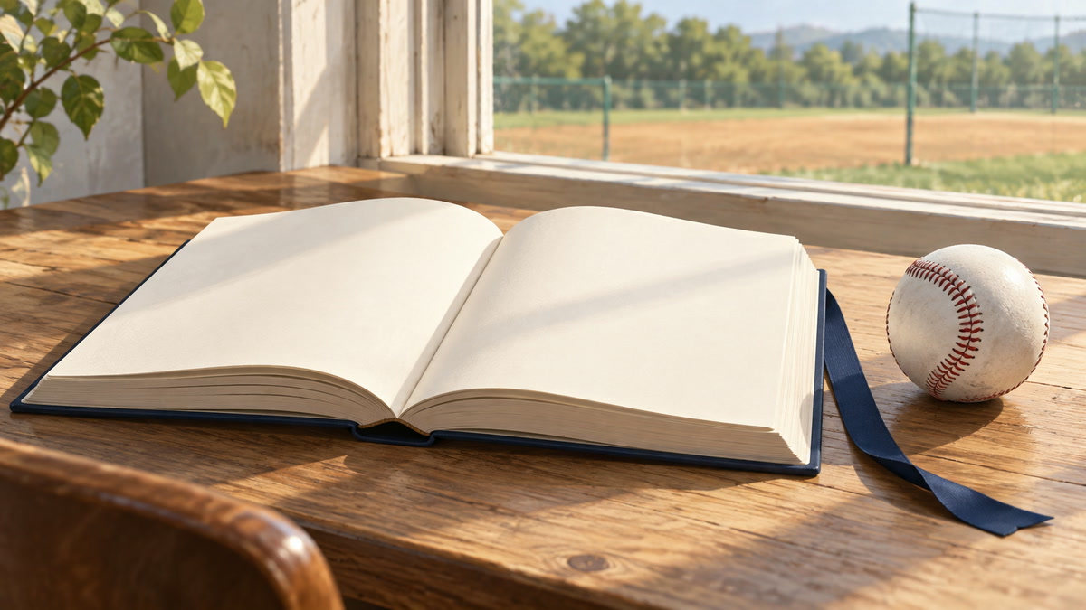 白紙の本と紺色のしおり、野球ボールを置いた読書の机