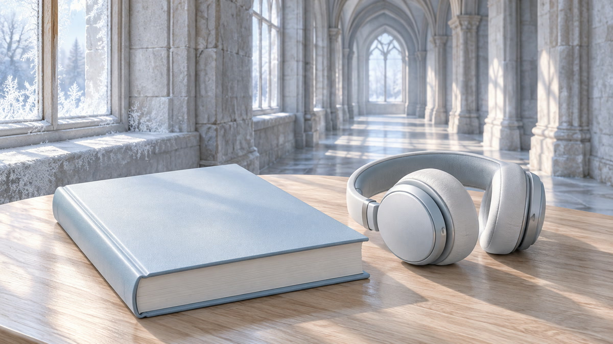 本とヘッドホンと石の回廊で物語と音の魅力を表す
