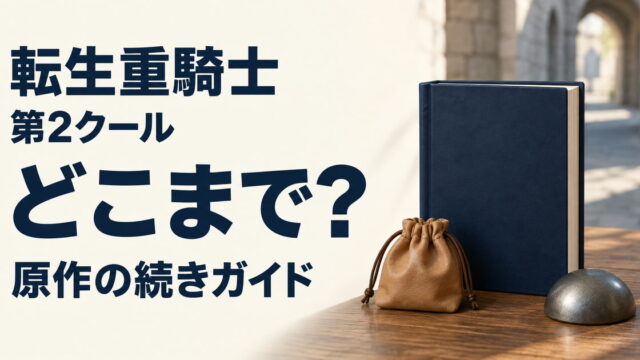 転生重騎士の第2クールと原作を案内する無地の本、革袋、丸い金属文鎮のイメージ