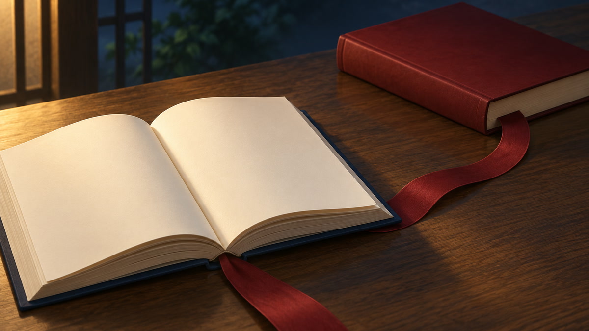 章末の本と次の無地の本で原作の続きを示す読書構図
