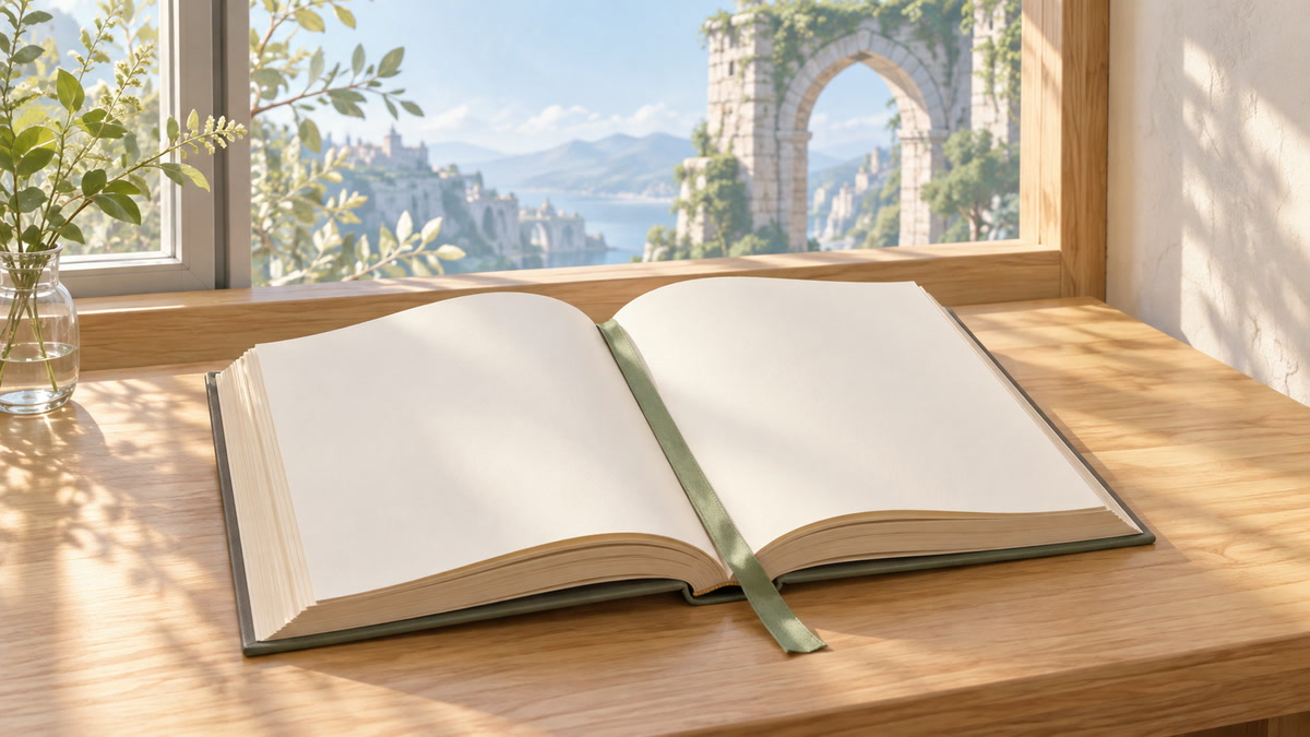 白紙の本と緑のしおりで原作を読む時間を表す