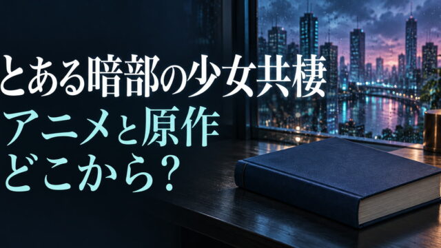 とある暗部の少女共棲のアニメと原作の対応を解説する、夜の街並みと書物の象徴的なアイキャッチ。
