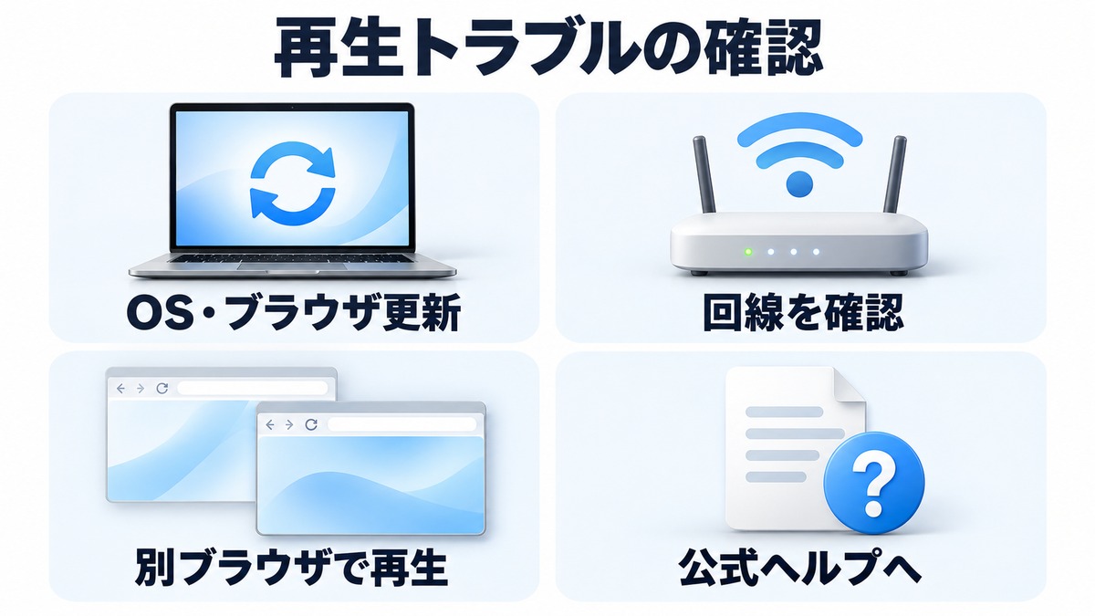 U-NEXTのPC再生で困ったときにOS・ブラウザ・通信環境と公式ヘルプを確認する図解